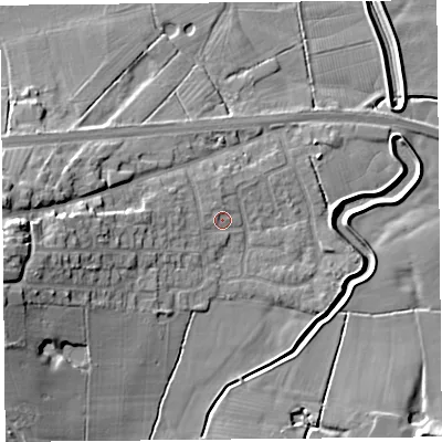 Shaded relief map of the ground around PR30XL, computed from Environment Agency LiDAR. The ground here sits at about 7 m above sea level and falls 14 m across the surrounding 800 m. Surface water reaching this point runs off ground lying to the west-north-west, 1.1 m higher.