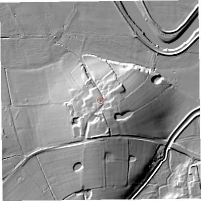 Shaded relief map of the ground around PR30XR, computed from Environment Agency LiDAR. The ground here sits at about 19 m above sea level and falls 20 m across the surrounding 800 m. Surface water reaching this point runs off ground lying to the south-south-east, 4.3 m higher.