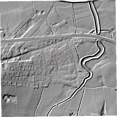 Shaded relief map of the ground around PR30XU, computed from Environment Agency LiDAR. The ground here sits at about 7 m above sea level and falls 11 m across the surrounding 800 m. Surface water reaching this point runs off ground lying to the west, 1.2 m higher.