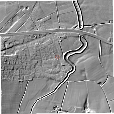 Shaded relief map of the ground around PR30XX, computed from Environment Agency LiDAR. The ground here sits at about 6 m above sea level and falls 8 m across the surrounding 800 m. Surface water reaching this point runs off ground lying to the west, 6.1 m higher.