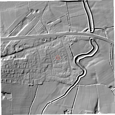 Shaded relief map of the ground around PR30XY, computed from Environment Agency LiDAR. The ground here sits at about 7 m above sea level and falls 10 m across the surrounding 800 m. Surface water reaching this point runs off ground lying to the west-south-west, 8.4 m higher.