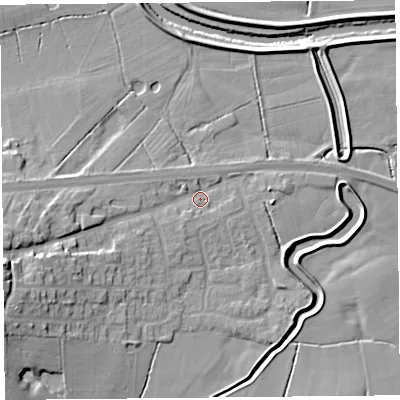 Shaded relief map of the ground around PR30YA, computed from Environment Agency LiDAR. The ground here sits at about 6 m above sea level and falls 13 m across the surrounding 800 m. Surface water reaching this point runs off ground lying to the west-south-west, 10.7 m higher.