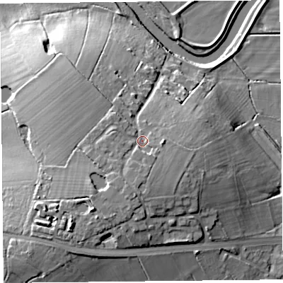 Shaded relief map of the ground around PR30YP, computed from Environment Agency LiDAR. The ground here sits at about 23 m above sea level and falls 23 m across the surrounding 800 m. Surface water reaching this point runs off ground lying to the south-south-west, 3.8 m higher.
