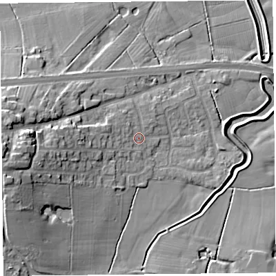 Shaded relief map of the ground around PR30YS, computed from Environment Agency LiDAR. The ground here sits at about 8 m above sea level and falls 15 m across the surrounding 800 m. Surface water reaching this point runs off ground lying to the west, 5.5 m higher.