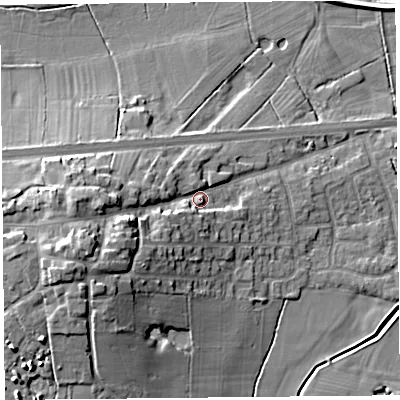 Shaded relief map of the ground around PR30ZA, computed from Environment Agency LiDAR. The ground here sits at about 10 m above sea level and falls 16 m across the surrounding 800 m. Surface water reaching this point runs off ground lying to the west-south-west, 10.7 m higher.