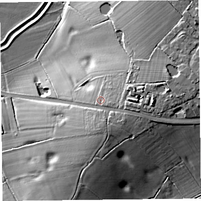 Shaded relief map of the ground around PR30ZQ, computed from Environment Agency LiDAR. The ground here sits at about 19 m above sea level and falls 22 m across the surrounding 800 m. Surface water reaching this point runs off ground lying to the east-south-east, 2.5 m higher.