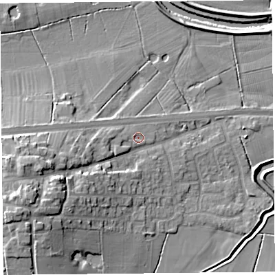 Shaded relief map of the ground around PR30ZS, computed from Environment Agency LiDAR. The ground here sits at about 8 m above sea level and falls 16 m across the surrounding 800 m. Surface water reaching this point runs off ground lying to the west-south-west, 1.6 m higher.