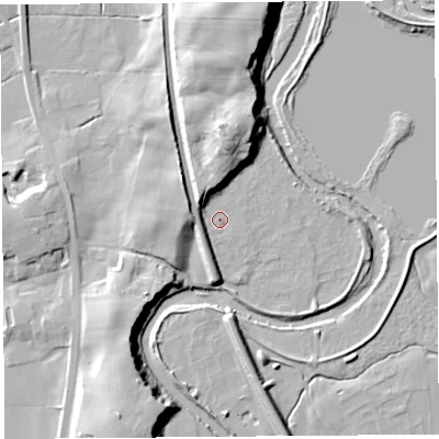 Shaded relief map of the ground around PR31AL, computed from Environment Agency LiDAR. The ground here sits at about 28 m above sea level and falls 25 m across the surrounding 800 m. Surface water reaching this point runs off ground lying to the north-north-east, 19.2 m higher.