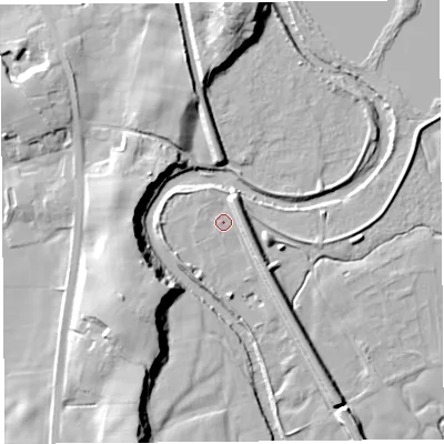 Shaded relief map of the ground around PR31AN, computed from Environment Agency LiDAR. The ground here sits at about 27 m above sea level and falls 19 m across the surrounding 800 m. Surface water reaching this point runs off ground lying to the east-north-east, 5.6 m higher.