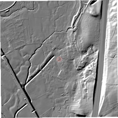 Shaded relief map of the ground around PR31AP, computed from Environment Agency LiDAR. The ground here sits at about 27 m above sea level and falls 40 m across the surrounding 800 m. Surface water reaching this point runs off ground lying to the east-north-east, 5.8 m higher.