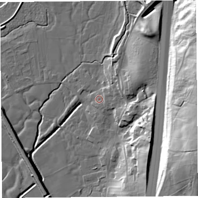 Shaded relief map of the ground around PR31AQ, computed from Environment Agency LiDAR. The ground here sits at about 28 m above sea level and falls 42 m across the surrounding 800 m. Surface water reaching this point runs off ground lying to the east-north-east, 3.4 m higher.