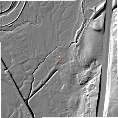 Shaded relief map of the ground around PR31AR, computed from Environment Agency LiDAR. The ground here sits at about 27 m above sea level and falls 37 m across the surrounding 800 m. Surface water reaching this point runs off ground lying to the south-south-east, 1.1 m higher.