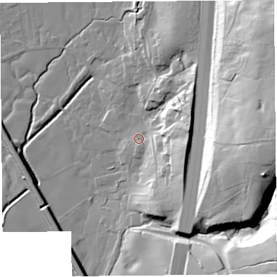 Shaded relief map of the ground around PR31AU, computed from Environment Agency LiDAR. The ground here sits at about 28 m above sea level and falls 43 m across the surrounding 800 m. Surface water reaching this point runs off ground lying to the east, 17.9 m higher.