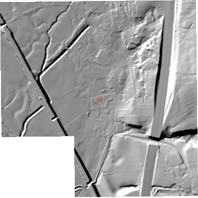 Shaded relief map of the ground around PR31AX, computed from Environment Agency LiDAR. The ground here sits at about 25 m above sea level and falls 40 m across the surrounding 800 m. Surface water reaching this point runs off ground lying to the east-north-east, 19.8 m higher.