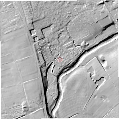 Shaded relief map of the ground around PR31BD, computed from Environment Agency LiDAR. The ground here sits at about 16 m above sea level and falls 14 m across the surrounding 800 m. Surface water reaching this point runs off ground lying to the west-north-west, 7.1 m higher.