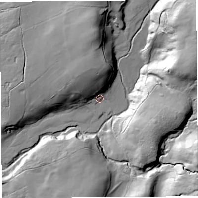 Shaded relief map of the ground around PR31BE, computed from Environment Agency LiDAR. The ground here sits at about 48 m above sea level and falls 80 m across the surrounding 800 m. Surface water reaching this point runs off ground lying to the north, 26.3 m higher.
