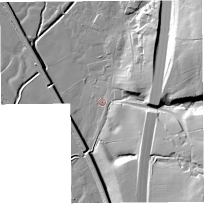 Shaded relief map of the ground around PR31BJ, computed from Environment Agency LiDAR. The ground here sits at about 26 m above sea level and falls 42 m across the surrounding 800 m. Surface water reaching this point runs off ground lying to the east, 2.5 m higher.