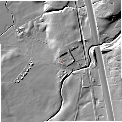Shaded relief map of the ground around PR31BN, computed from Environment Agency LiDAR. The ground here sits at about 29 m above sea level and falls 35 m across the surrounding 800 m. Surface water reaching this point runs off ground lying to the north-north-east, 4.6 m higher.