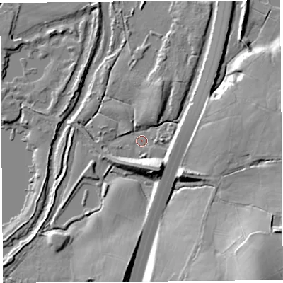 Shaded relief map of the ground around PR31BU, computed from Environment Agency LiDAR. The ground here sits at about 35 m above sea level and falls 28 m across the surrounding 800 m. Surface water reaching this point runs off ground lying to the south-south-east, 11.0 m higher.