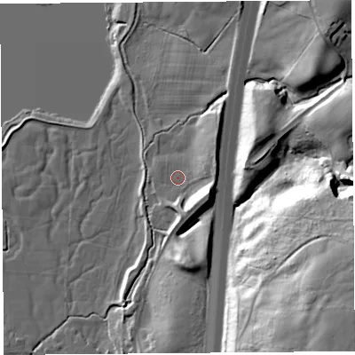 Shaded relief map of the ground around PR31BW, computed from Environment Agency LiDAR. The ground here sits at about 32 m above sea level and falls 46 m across the surrounding 800 m. Surface water reaching this point runs off ground lying to the east-north-east, 6.4 m higher.