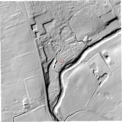 Shaded relief map of the ground around PR31BX, computed from Environment Agency LiDAR. The ground here sits at about 16 m above sea level and falls 12 m across the surrounding 800 m. Surface water reaching this point runs off ground lying to the west-north-west, 6.4 m higher.