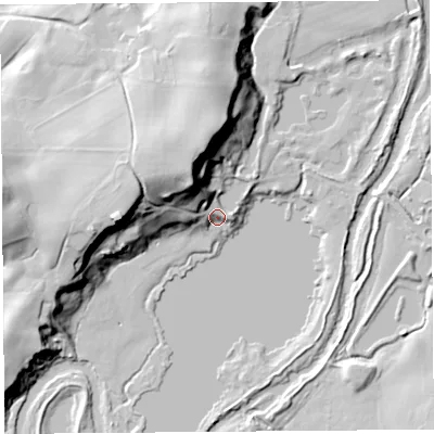Shaded relief map of the ground around PR31BY, computed from Environment Agency LiDAR. The ground here sits at about 36 m above sea level and falls 32 m across the surrounding 800 m. Surface water reaching this point runs off ground lying to the north-west, 25.5 m higher.