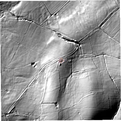 Shaded relief map of the ground around PR31DB, computed from Environment Agency LiDAR. The ground here sits at about 68 m above sea level and falls 49 m across the surrounding 800 m. Surface water reaching this point runs off ground lying to the south, 5.1 m higher.