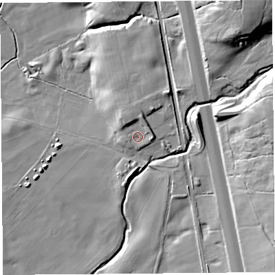 Shaded relief map of the ground around PR31DG, computed from Environment Agency LiDAR. The ground here sits at about 29 m above sea level and falls 36 m across the surrounding 800 m. Surface water reaching this point runs off ground lying to the east, 3.8 m higher.