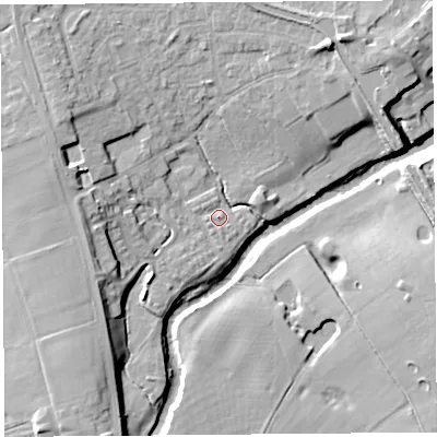 Shaded relief map of the ground around PR31DP, computed from Environment Agency LiDAR. The ground here sits at about 16 m above sea level and falls 13 m across the surrounding 800 m. Surface water reaching this point runs off ground lying to the west, 7.1 m higher.