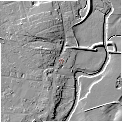Shaded relief map of the ground around PR31EB, computed from Environment Agency LiDAR. The ground here sits at about 18 m above sea level and falls 13 m across the surrounding 800 m. Surface water reaching this point runs off ground lying to the west-north-west, 4.9 m higher.