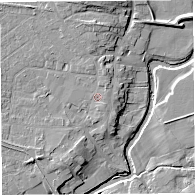 Shaded relief map of the ground around PR31EL, computed from Environment Agency LiDAR. The ground here sits at about 20 m above sea level and falls 13 m across the surrounding 800 m. Surface water reaching this point runs off ground lying to the east-north-east, 1.5 m higher.