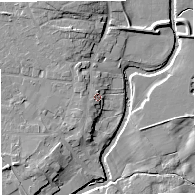 Shaded relief map of the ground around PR31FA, computed from Environment Agency LiDAR. The ground here sits at about 20 m above sea level and falls 14 m across the surrounding 800 m. Surface water reaching this point runs off ground lying to the west, 2.9 m higher.
