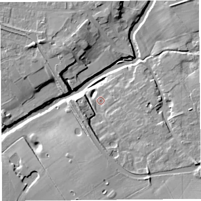 Shaded relief map of the ground around PR31FY, computed from Environment Agency LiDAR. The ground here sits at about 17 m above sea level and falls 13 m across the surrounding 800 m. Surface water reaching this point runs off ground lying to the south-east, 7.2 m higher.
