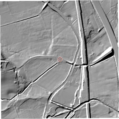 Shaded relief map of the ground around PR31GB, computed from Environment Agency LiDAR. The ground here sits at about 20 m above sea level and falls 16 m across the surrounding 800 m. Surface water reaching this point runs off ground lying to the east, 1.0 m higher.