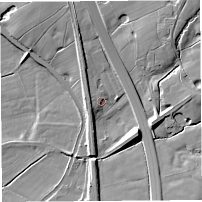 Shaded relief map of the ground around PR31GD, computed from Environment Agency LiDAR. The ground here sits at about 24 m above sea level and falls 23 m across the surrounding 800 m. Surface water reaching this point runs off ground lying to the west-north-west, 2.5 m higher.