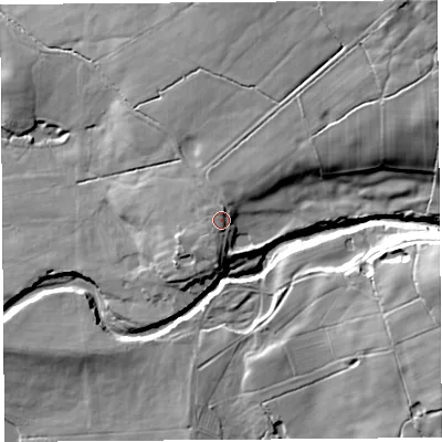 Shaded relief map of the ground around PR31GE, computed from Environment Agency LiDAR. The ground here sits at about 48 m above sea level and falls 54 m across the surrounding 800 m. Surface water reaching this point runs off ground lying to the north-north-east, 4.5 m higher.