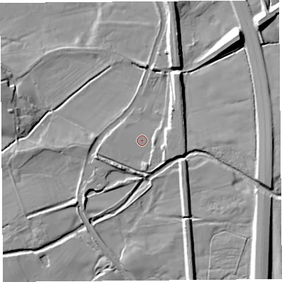 Shaded relief map of the ground around PR31GG, computed from Environment Agency LiDAR. The ground here sits at about 22 m above sea level and falls 16 m across the surrounding 800 m. Surface water reaching this point runs off ground lying to the south-east, 0.6 m higher.