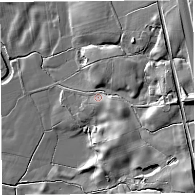 Shaded relief map of the ground around PR31GL, computed from Environment Agency LiDAR. The ground here sits at about 21 m above sea level and falls 25 m across the surrounding 800 m. Surface water reaching this point runs off ground lying to the east-south-east, 7.5 m higher.