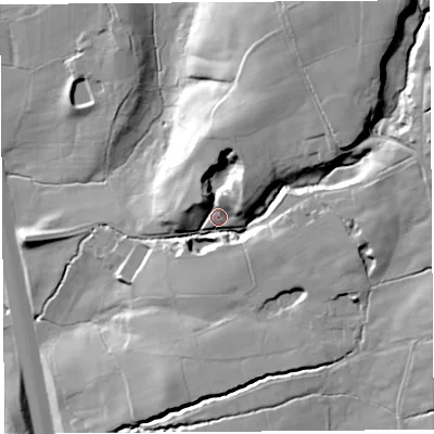 Shaded relief map of the ground around PR31GP, computed from Environment Agency LiDAR. The ground here sits at about 51 m above sea level and falls 54 m across the surrounding 800 m. Surface water reaching this point runs off ground lying to the north, 16.8 m higher.