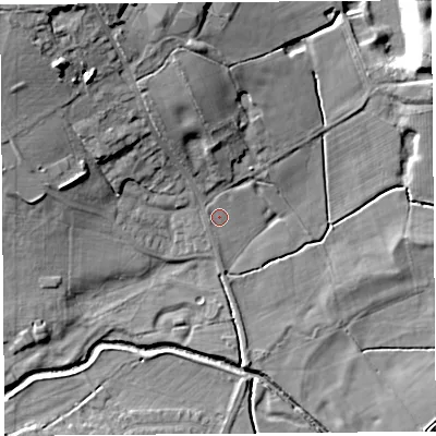 Shaded relief map of the ground around PR31GQ, computed from Environment Agency LiDAR. The ground here sits at about 15 m above sea level and falls 20 m across the surrounding 800 m. Surface water reaching this point runs off ground lying to the north-north-west, 9.5 m higher.
