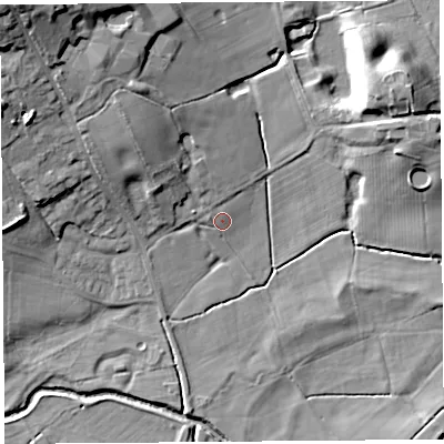 Shaded relief map of the ground around PR31GR, computed from Environment Agency LiDAR. The ground here sits at about 17 m above sea level and falls 24 m across the surrounding 800 m. Surface water reaching this point runs off ground lying to the west-north-west, 1.1 m higher.