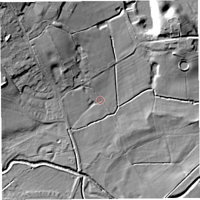 Shaded relief map of the ground around PR31GS, computed from Environment Agency LiDAR. The ground here sits at about 15 m above sea level and falls 21 m across the surrounding 800 m. Surface water reaching this point runs off ground lying to the north-north-west, 2.2 m higher.