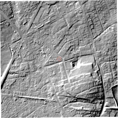 Shaded relief map of the ground around PR31HT, computed from Environment Agency LiDAR. The ground here sits at about 21 m above sea level and falls 10 m across the surrounding 800 m. Surface water reaching this point runs off ground lying to the south-east, 4.4 m higher.