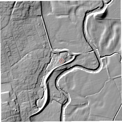 Shaded relief map of the ground around PR31HZ, computed from Environment Agency LiDAR. The ground here sits at about 19 m above sea level and falls 13 m across the surrounding 800 m. Surface water reaching this point runs off ground lying to the south-west, 10.5 m higher.