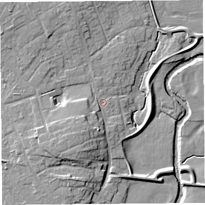 Shaded relief map of the ground around PR31JA, computed from Environment Agency LiDAR. The ground here sits at about 19 m above sea level and falls 12 m across the surrounding 800 m. Surface water reaching this point runs off ground lying to the south-west, 6.1 m higher.