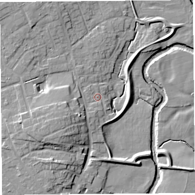 Shaded relief map of the ground around PR31JH, computed from Environment Agency LiDAR. The ground here sits at about 19 m above sea level and falls 12 m across the surrounding 800 m. Surface water reaching this point runs off ground lying to the west-south-west, 10.5 m higher.