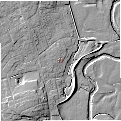 Shaded relief map of the ground around PR31JJ, computed from Environment Agency LiDAR. The ground here sits at about 19 m above sea level and falls 12 m across the surrounding 800 m. Surface water reaching this point runs off ground lying to the south-south-west, 10.5 m higher.