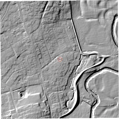 Shaded relief map of the ground around PR31JL, computed from Environment Agency LiDAR. The ground here sits at about 20 m above sea level and falls 14 m across the surrounding 800 m. Surface water reaching this point runs off ground lying to the south-east, 0.9 m higher.