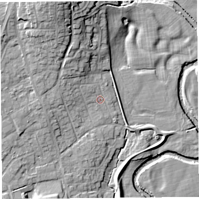 Shaded relief map of the ground around PR31JP, computed from Environment Agency LiDAR. The ground here sits at about 20 m above sea level and falls 19 m across the surrounding 800 m. Surface water reaching this point runs off ground lying to the north-west, 5.3 m higher.