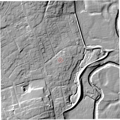 Shaded relief map of the ground around PR31JQ, computed from Environment Agency LiDAR. The ground here sits at about 20 m above sea level and falls 12 m across the surrounding 800 m. Surface water reaching this point runs off ground lying to the east-north-east, 0.5 m higher.